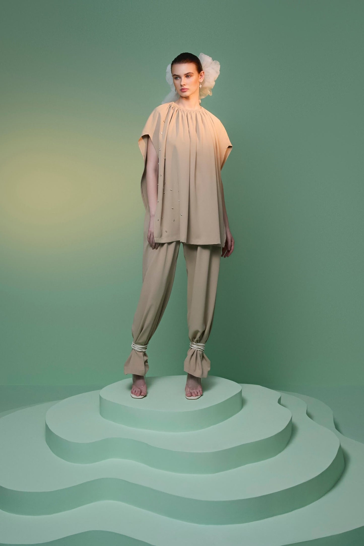 Tan Cape With Crystal Detail And Tan Trouser Set