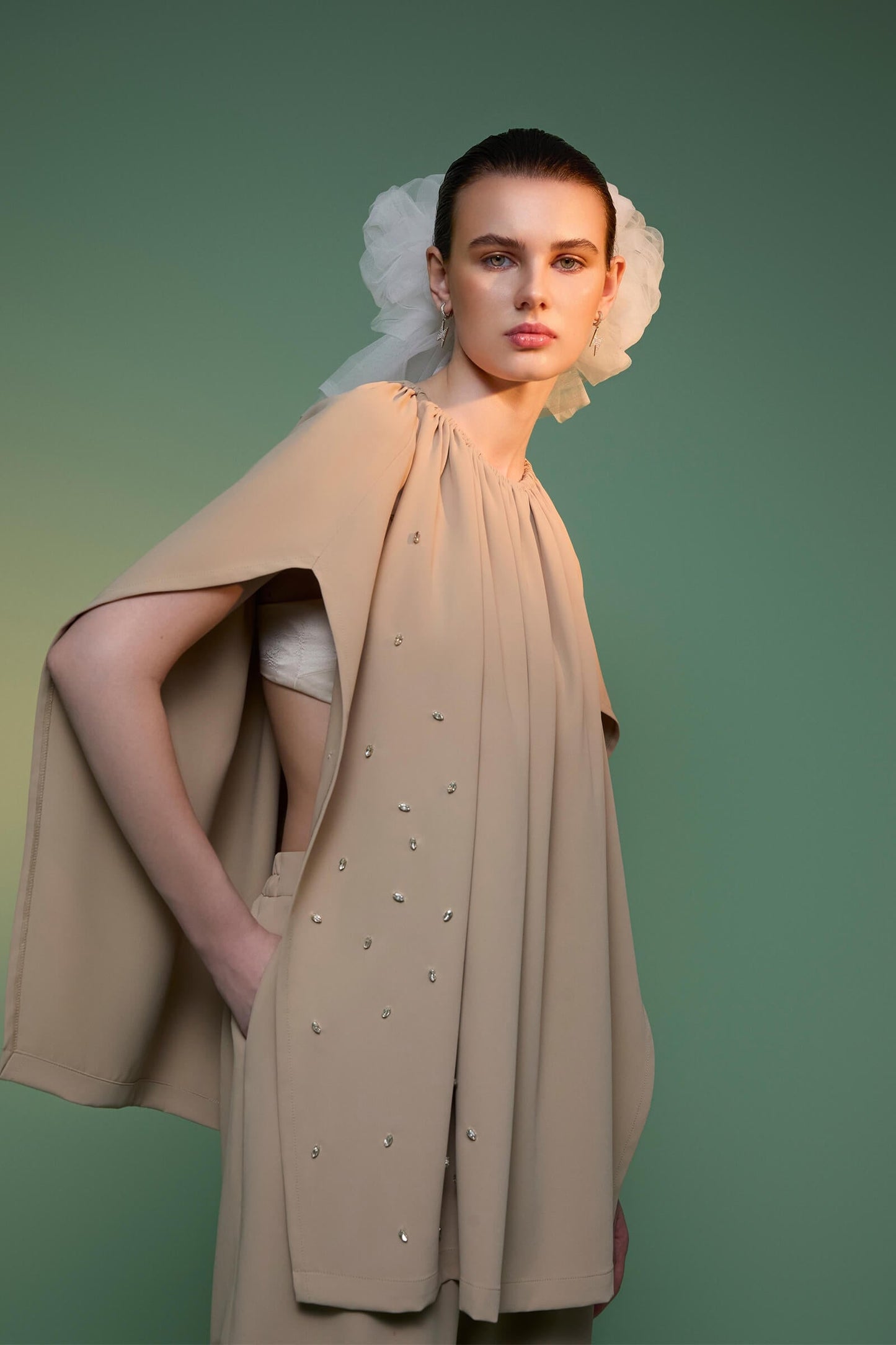 Tan Cape With Crystal Detail And Tan Trouser Set