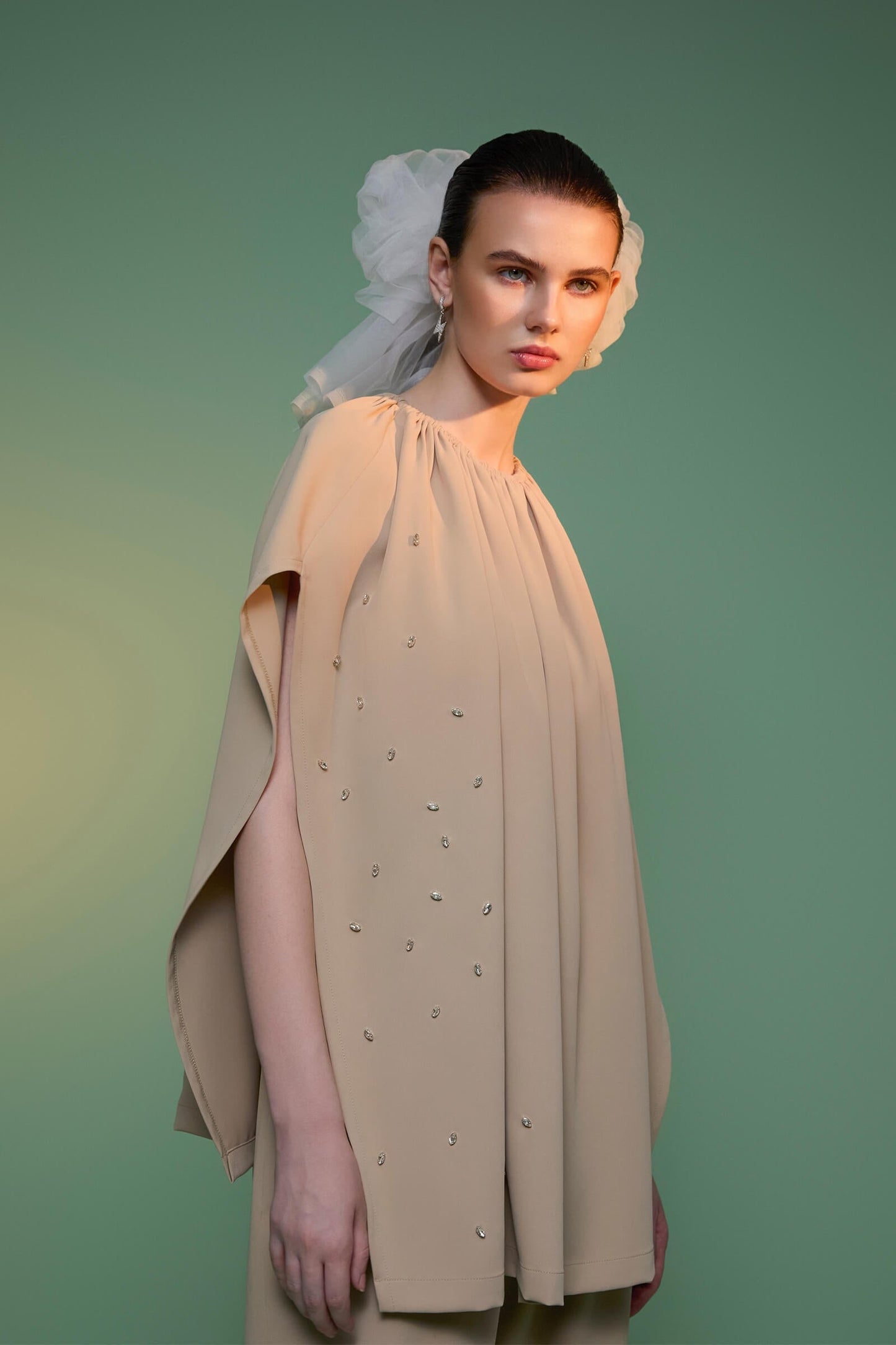 Tan Cape With Crystal Detail And Tan Trouser Set