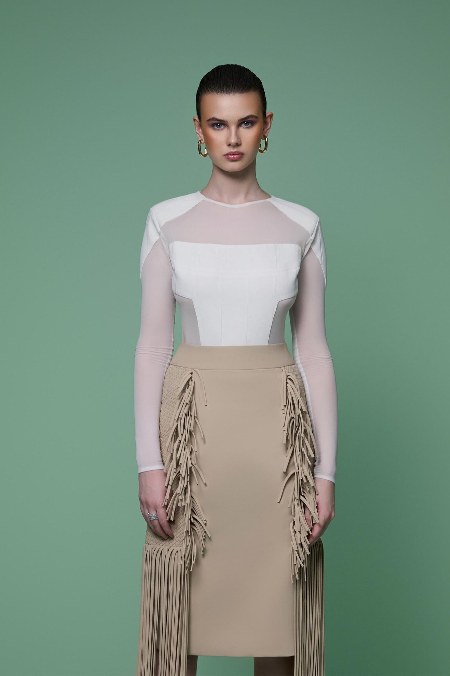 Tan Midi Pencil Skirt With Weave Detail