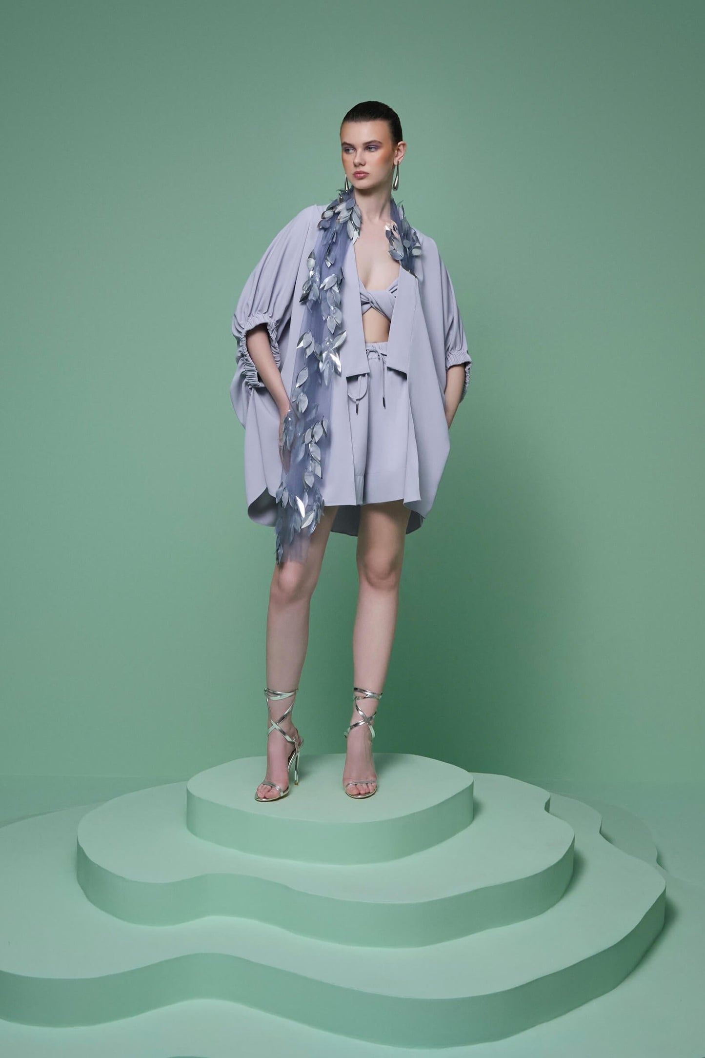 Violet 3-piece Set With Sequin Detail Overshirt, Shorts And Bralet