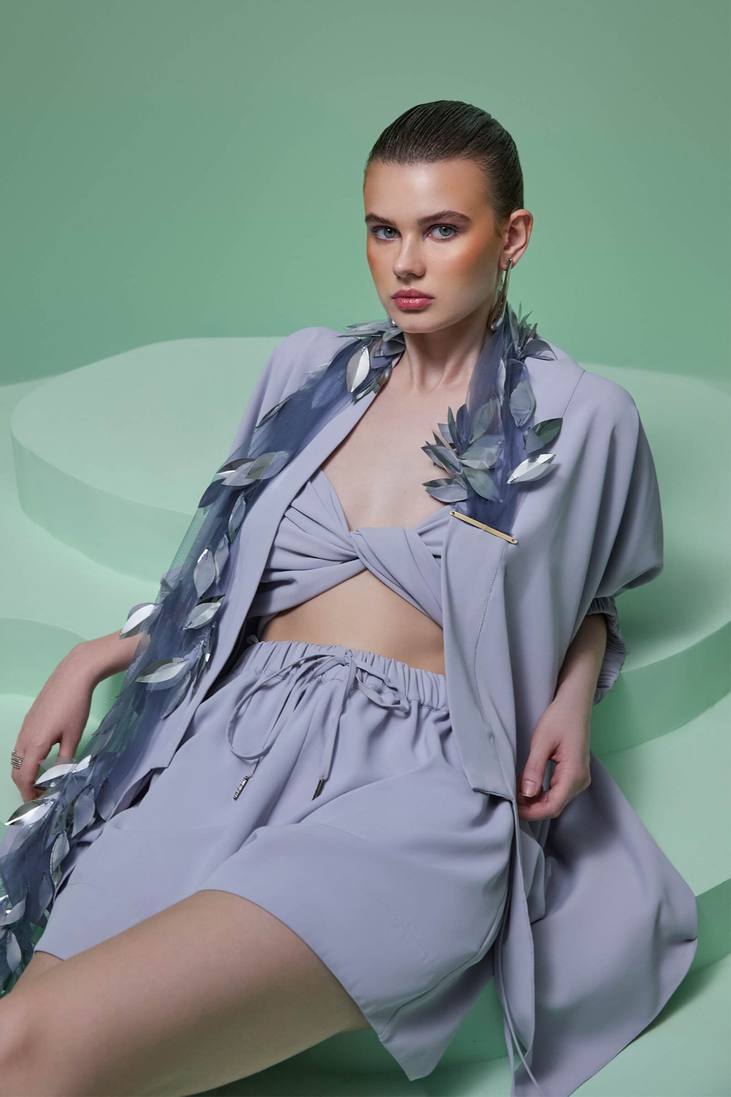 Violet 3-piece Set With Sequin Detail Overshirt, Shorts And Bralet