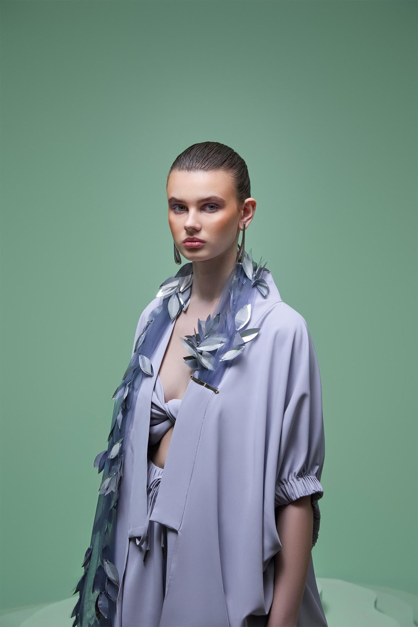 Violet 3-piece Set With Sequin Detail Overshirt, Shorts And Bralet