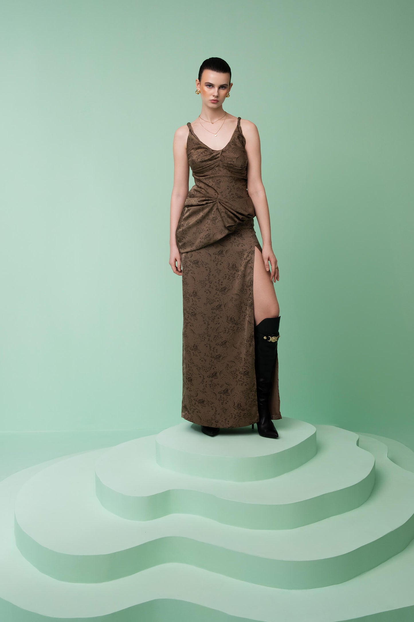 Walnut Satin Print Maxi Skirt With Slit