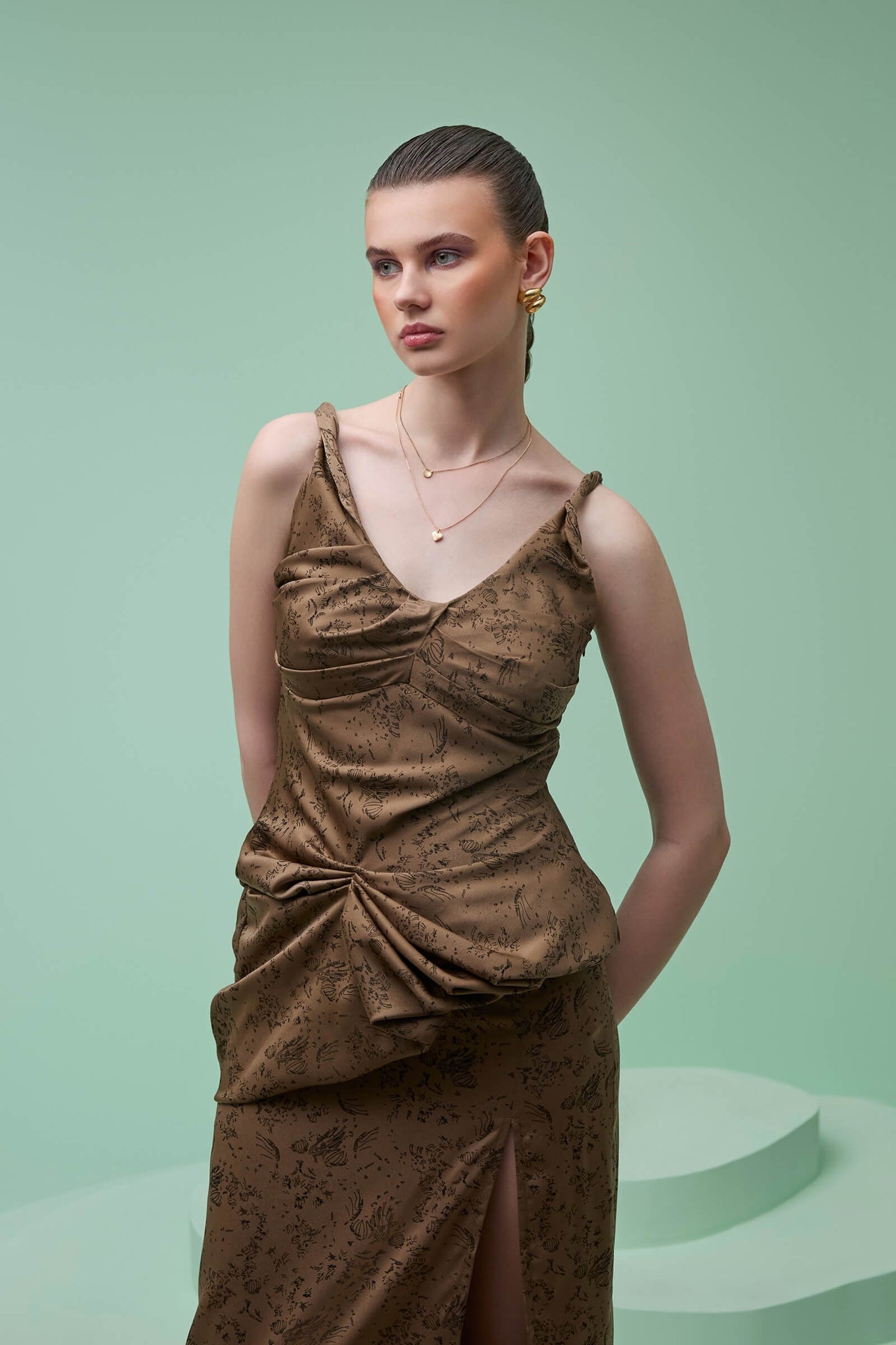 Walnut Satin Print Maxi Skirt With Slit