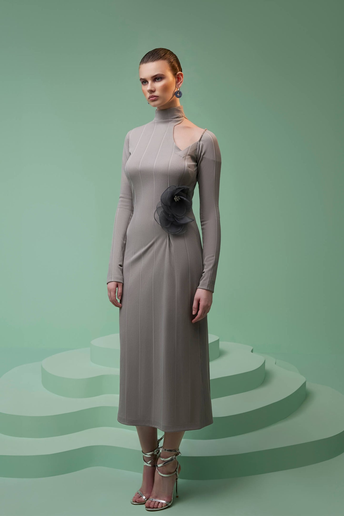 Grey Knit Midi Dress With Flower Detail