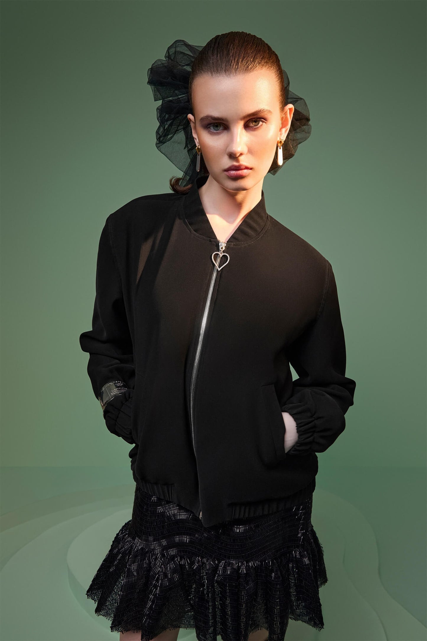 Black Bomber Jacket With Buckle Detail