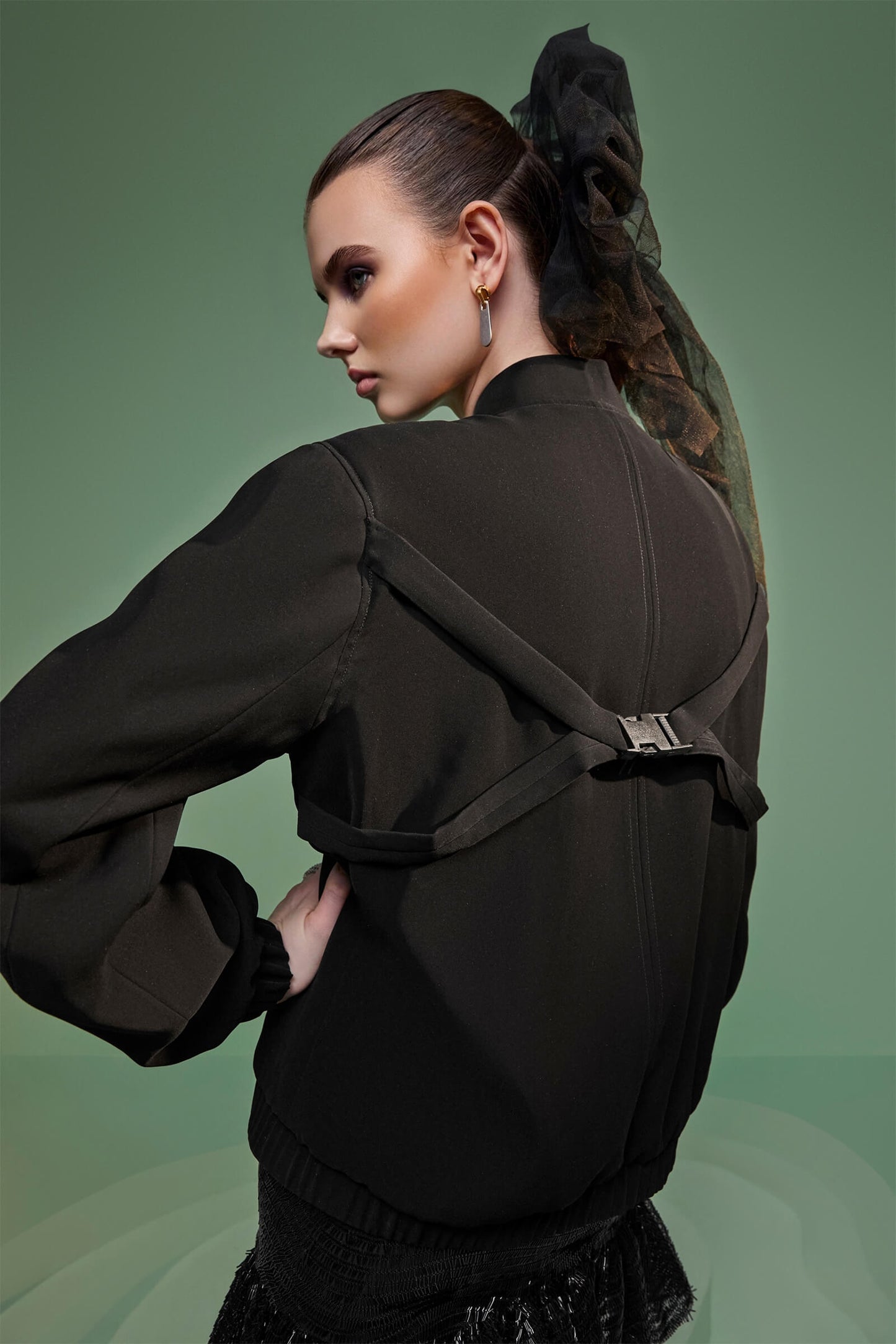 Black Bomber Jacket With Buckle Detail