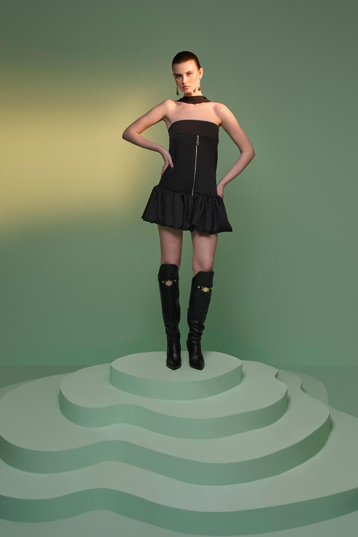 Black Strapless Puff Ball Dress With Zipper Detail
