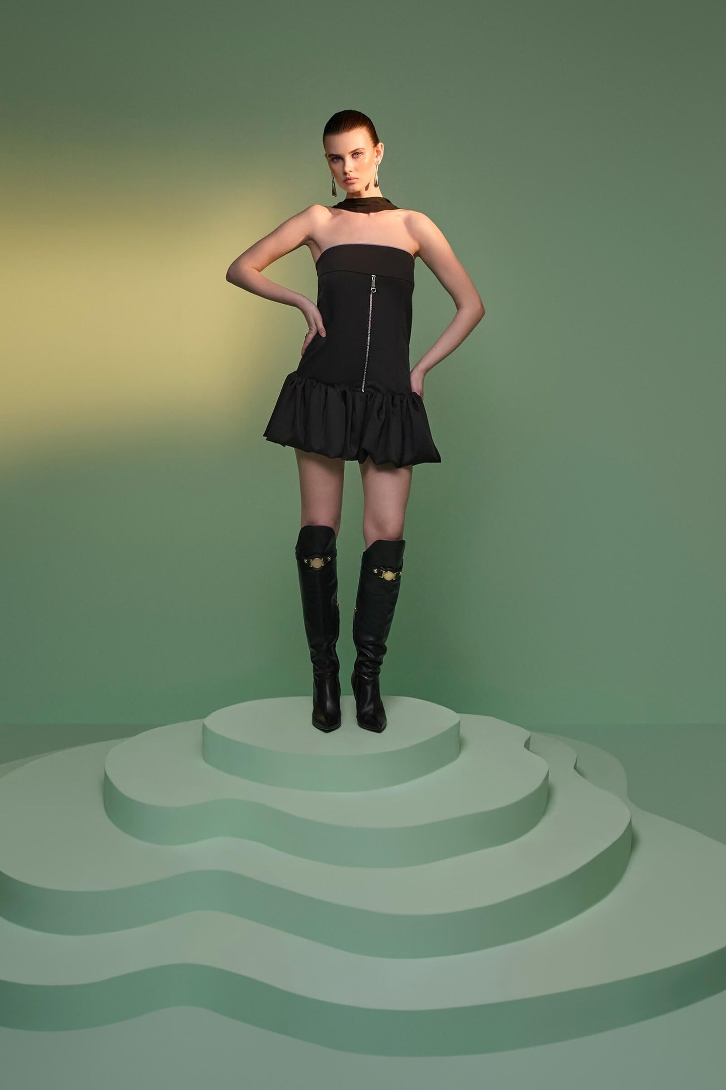 Black Strapless Puff Ball Dress With Zipper Detail