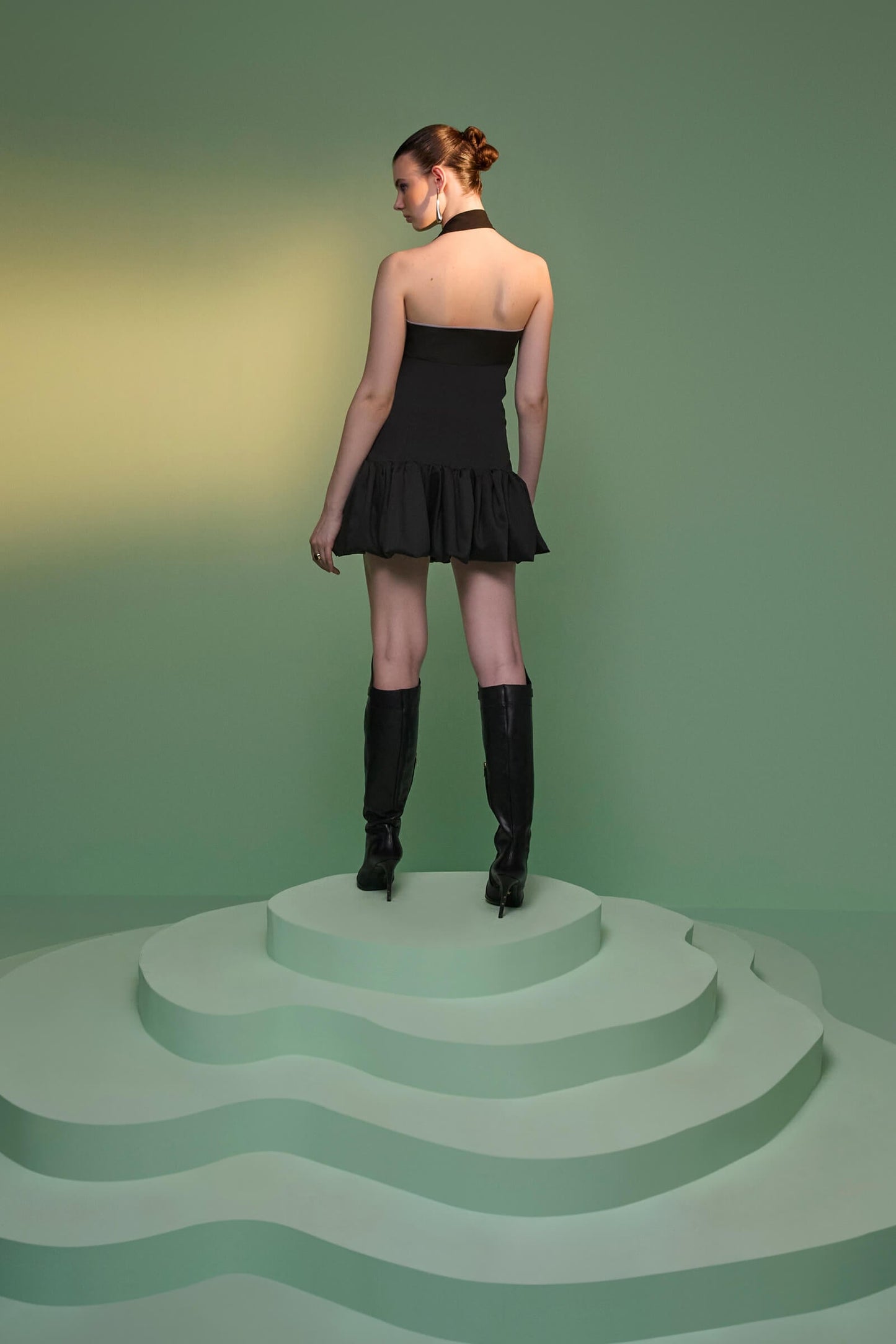Black Strapless Puff Ball Dress With Zipper Detail