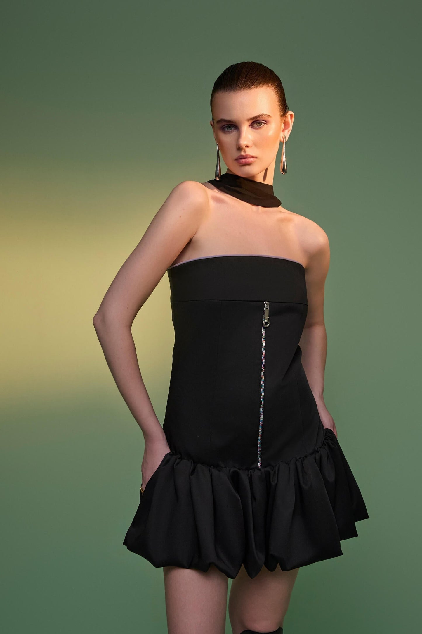 Black Strapless Puff Ball Dress With Zipper Detail