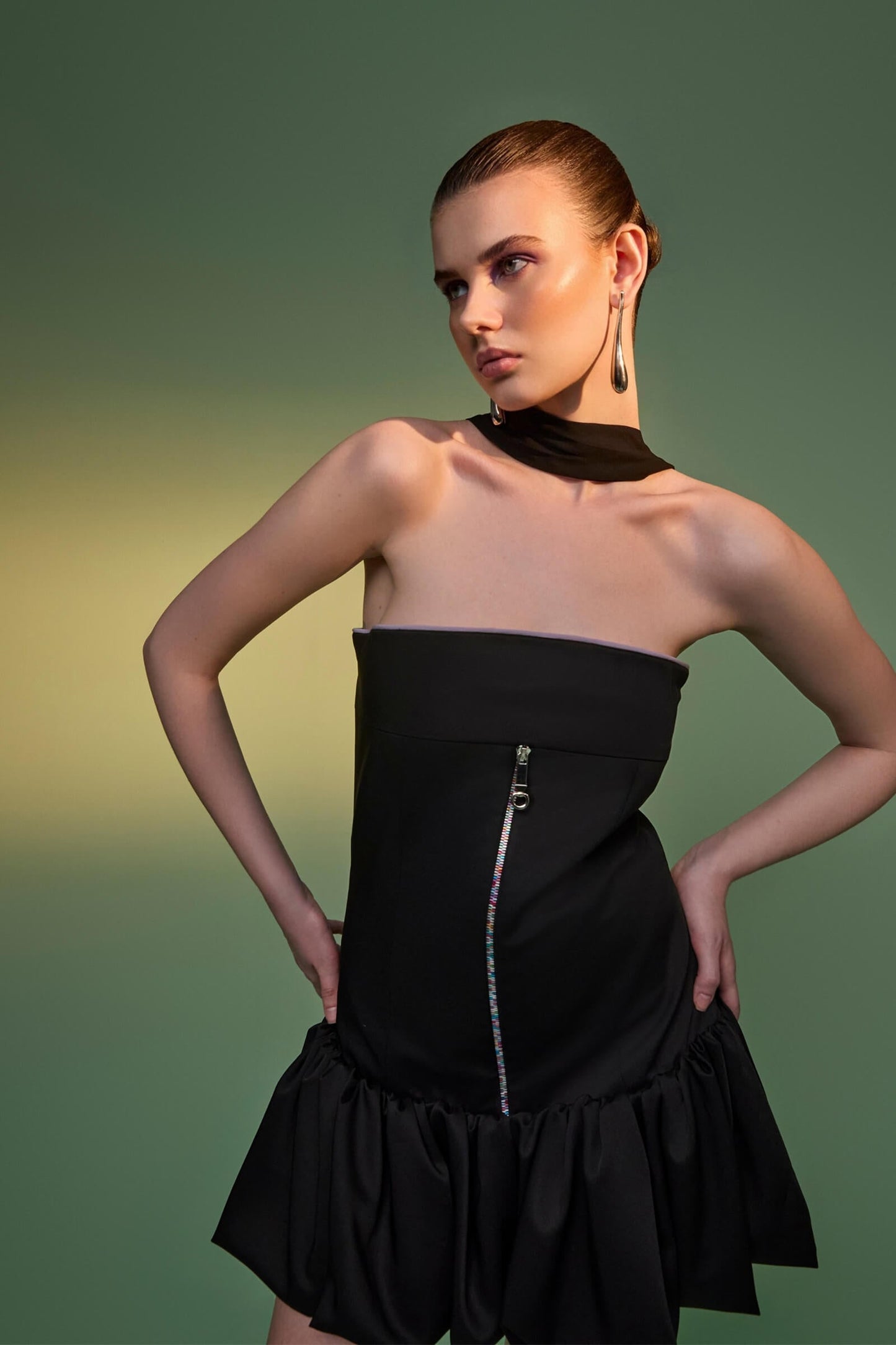 Black Strapless Puff Ball Dress With Zipper Detail