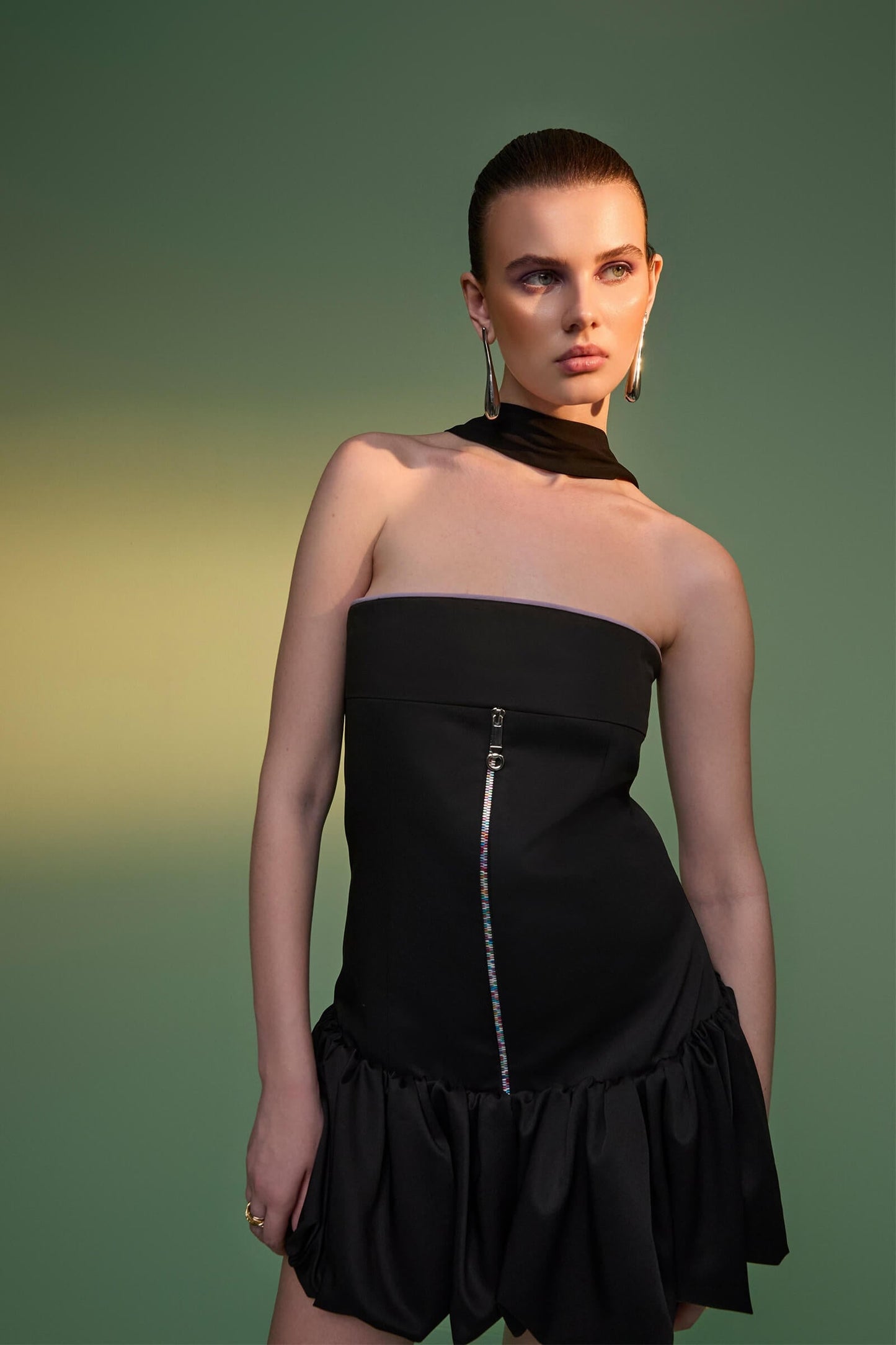 Black Strapless Puff Ball Dress With Zipper Detail