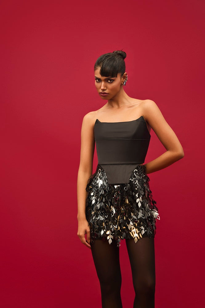 BLACK AND SILVER FOLIAGE MINI SKIRT