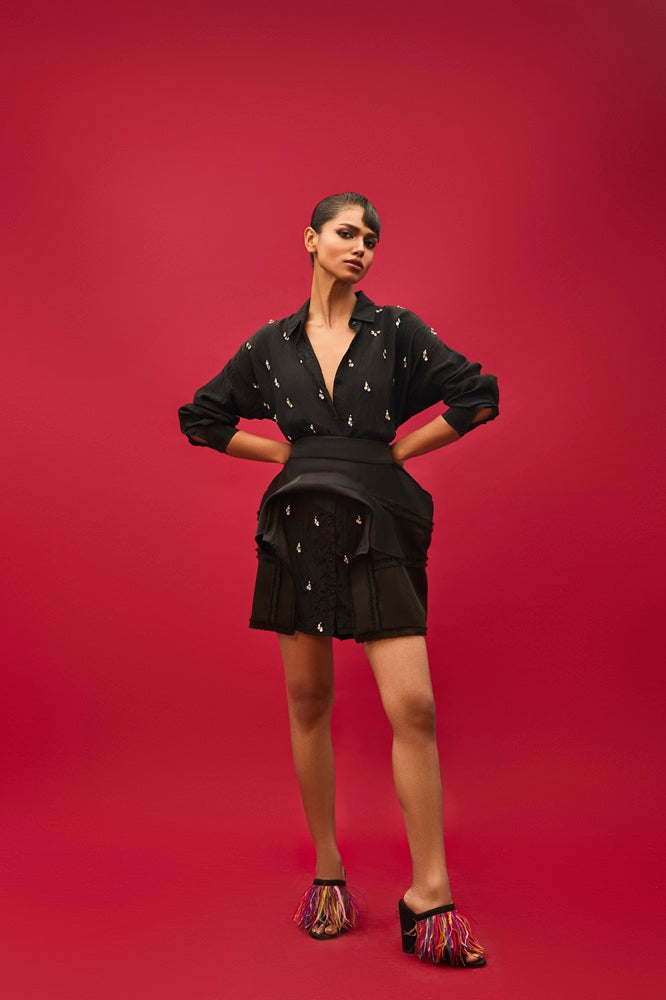 BLACK SILK EMBELLISHED SHIRT