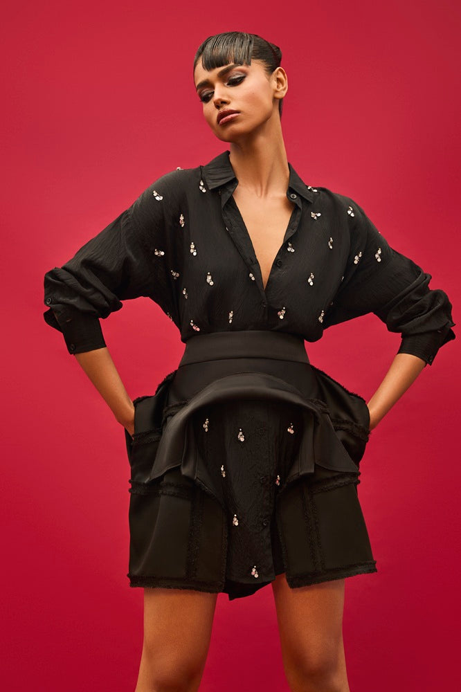 BLACK SILK EMBELLISHED SHIRT