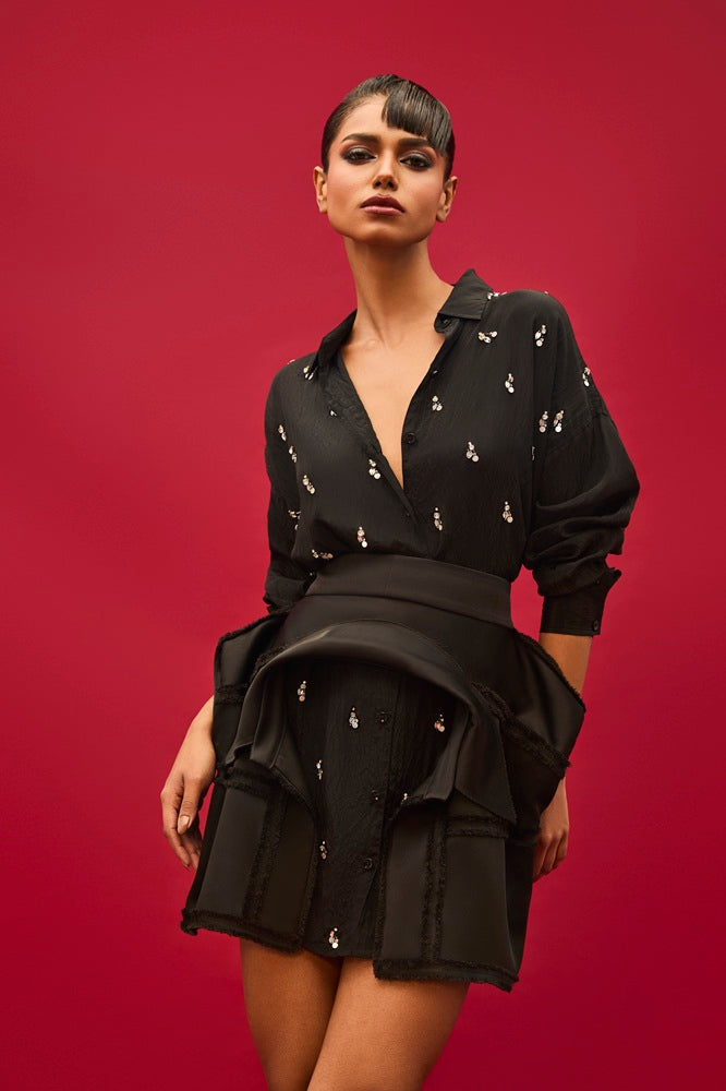 BLACK SILK EMBELLISHED SHIRT