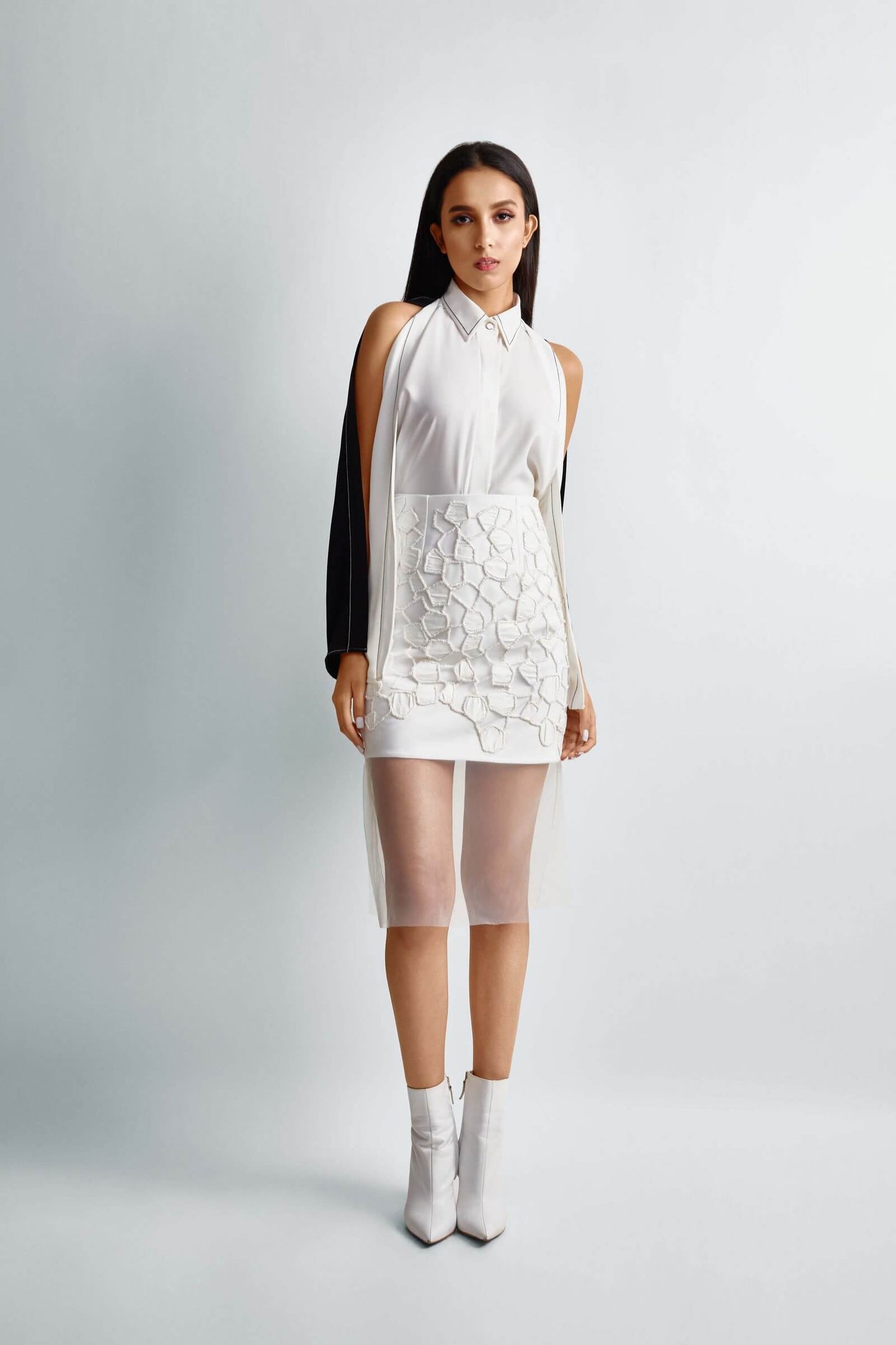 White Tulle Skirt With Faux Leather Applique