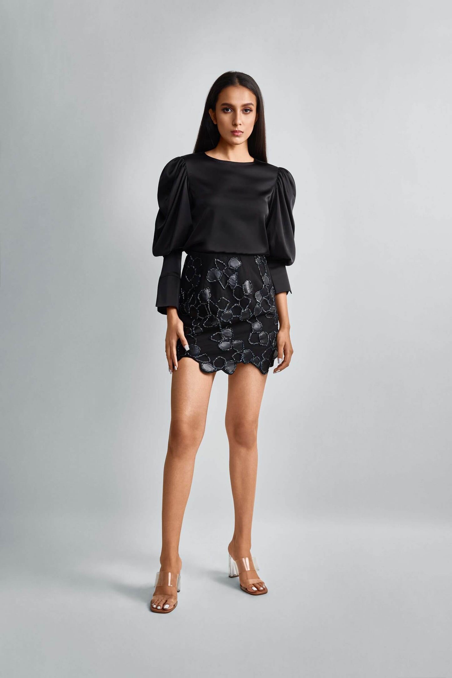 Black Mini Skirt With Faux Leather Applique