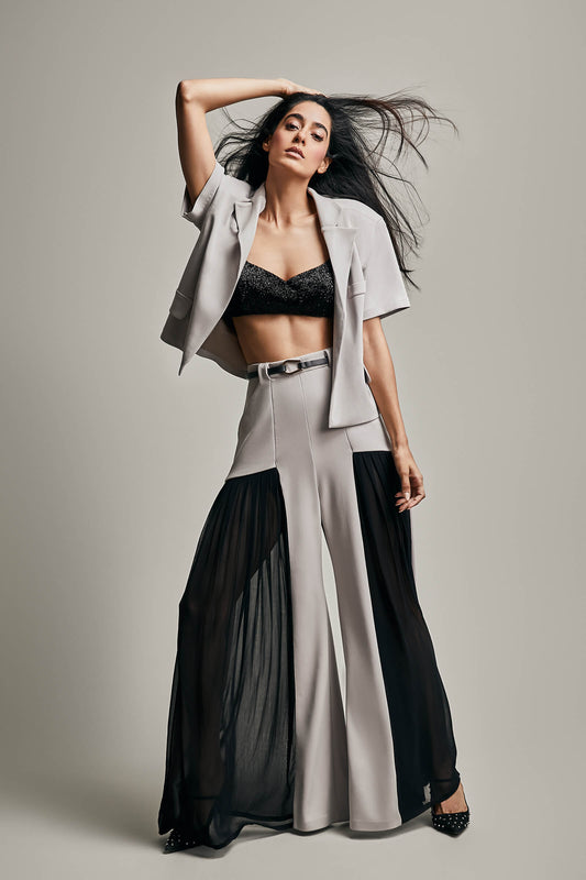 Color Blocked Wide Legged Trousers With Embroidered Bralet And Boyfriend Blazer
