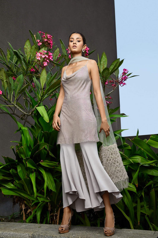 Rose rhinestone mini camisole dress with wide legged trousers and smocked stole