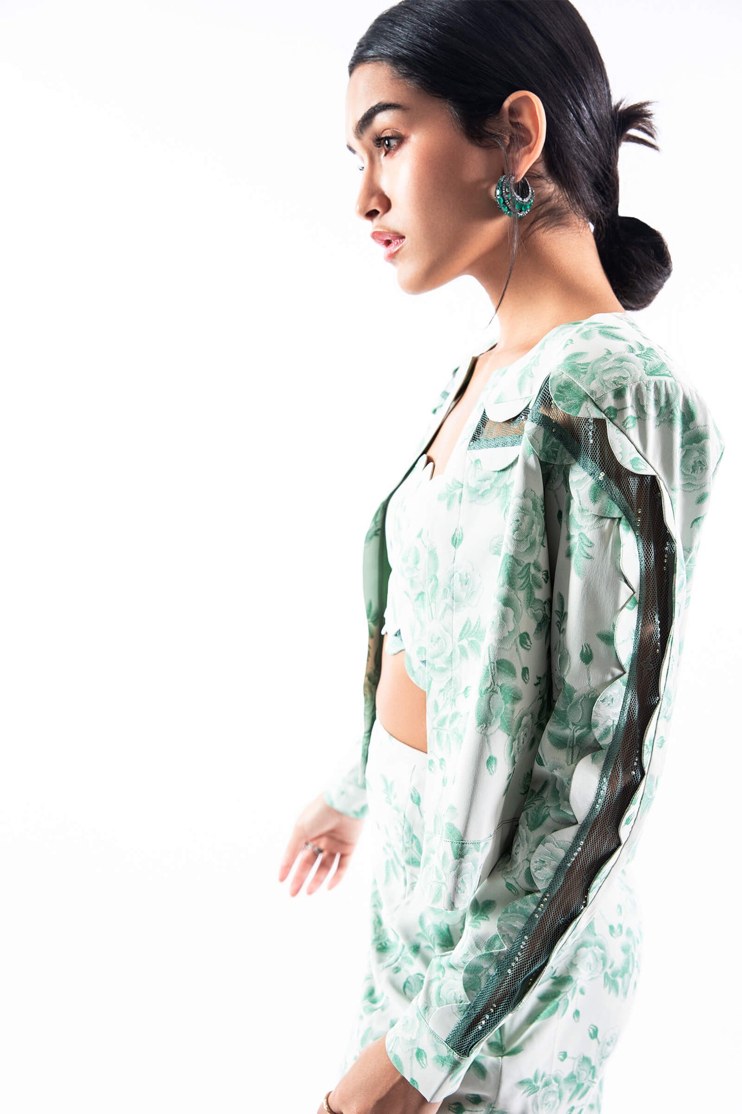 Mint Floral Jacquard Jacket And Brallette