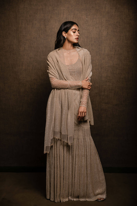 Flesh Toned Grid Detail Tunic With Gold Metallic Palazzo Pants And Pleated Stole