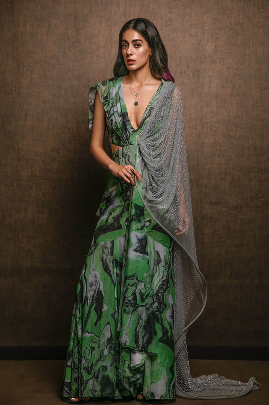 Fluid Art Print Sari Gown With Structured Grid Detail Aanchal