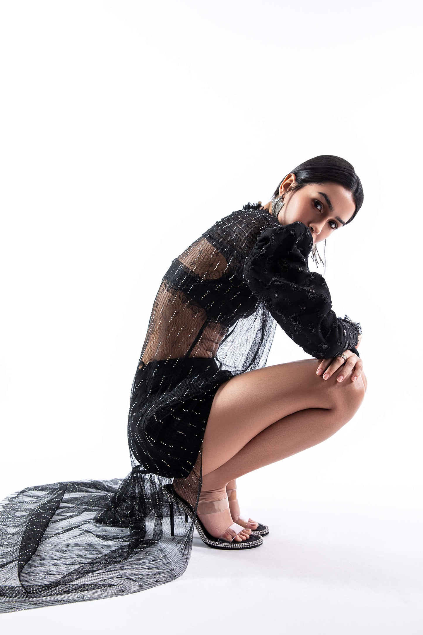 Black Sworowski Lace Asymetrical Dress With Exaggerated Sleeves