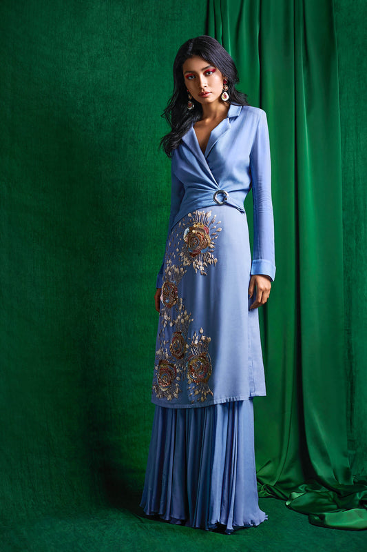 Placid Blue Blazer Dress With Draped Skirt