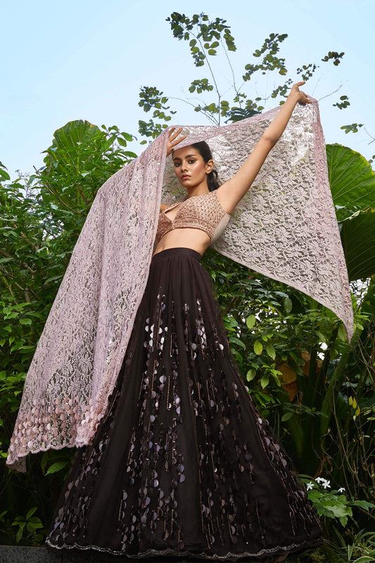 Cacao lehenga with 3D sequin embroidery ,rose tulle blouse and rose lace dupatta