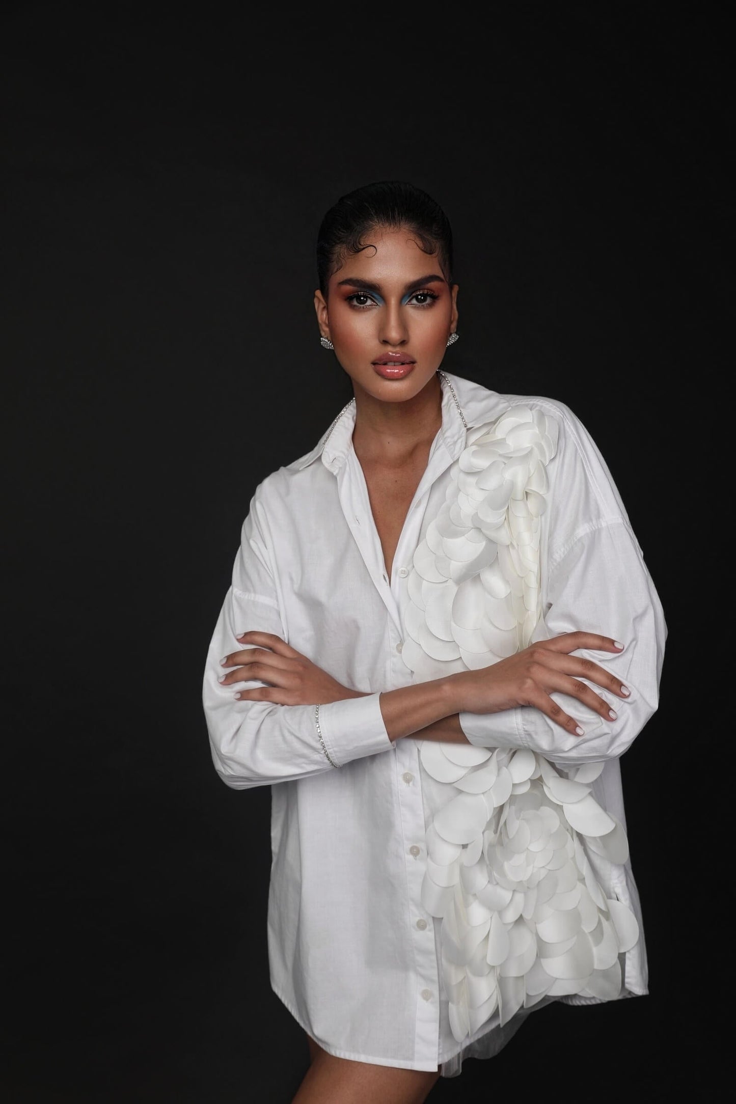 White Cotton Shirt Dress With Laser Cut Detail
