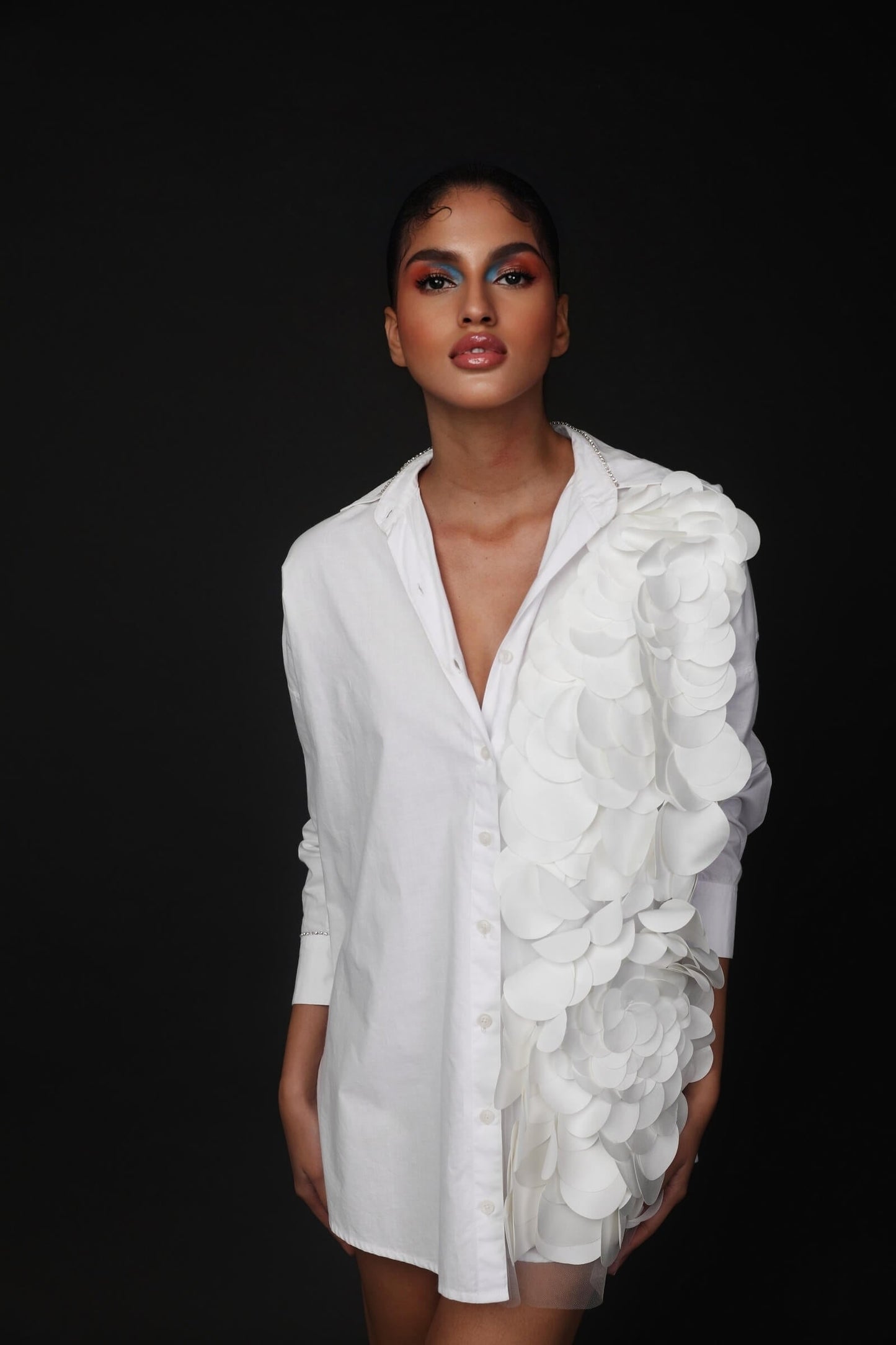 White Cotton Shirt Dress With Laser Cut Detail