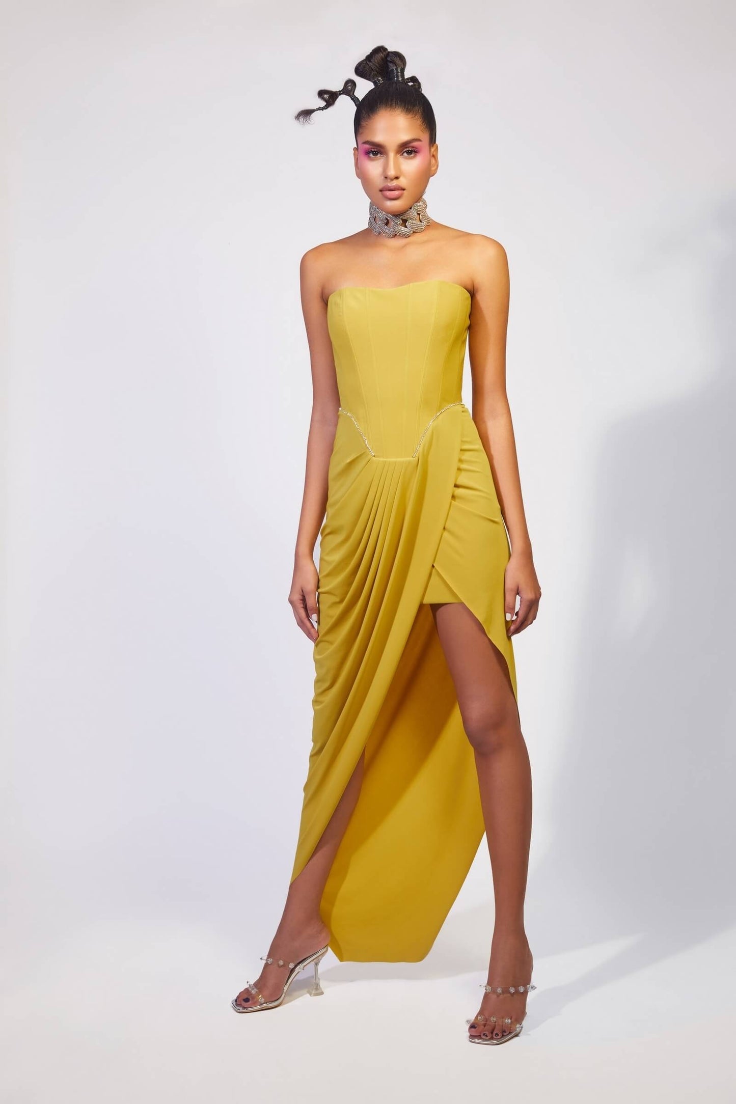 Mustard Corsetry Inspired Draped Dress With Rhinestone Detail