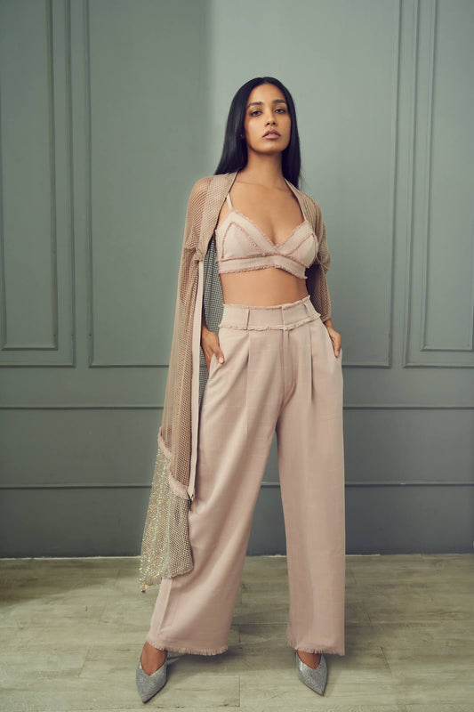 Dusty Pink Plaid Bralet With Fray Detail