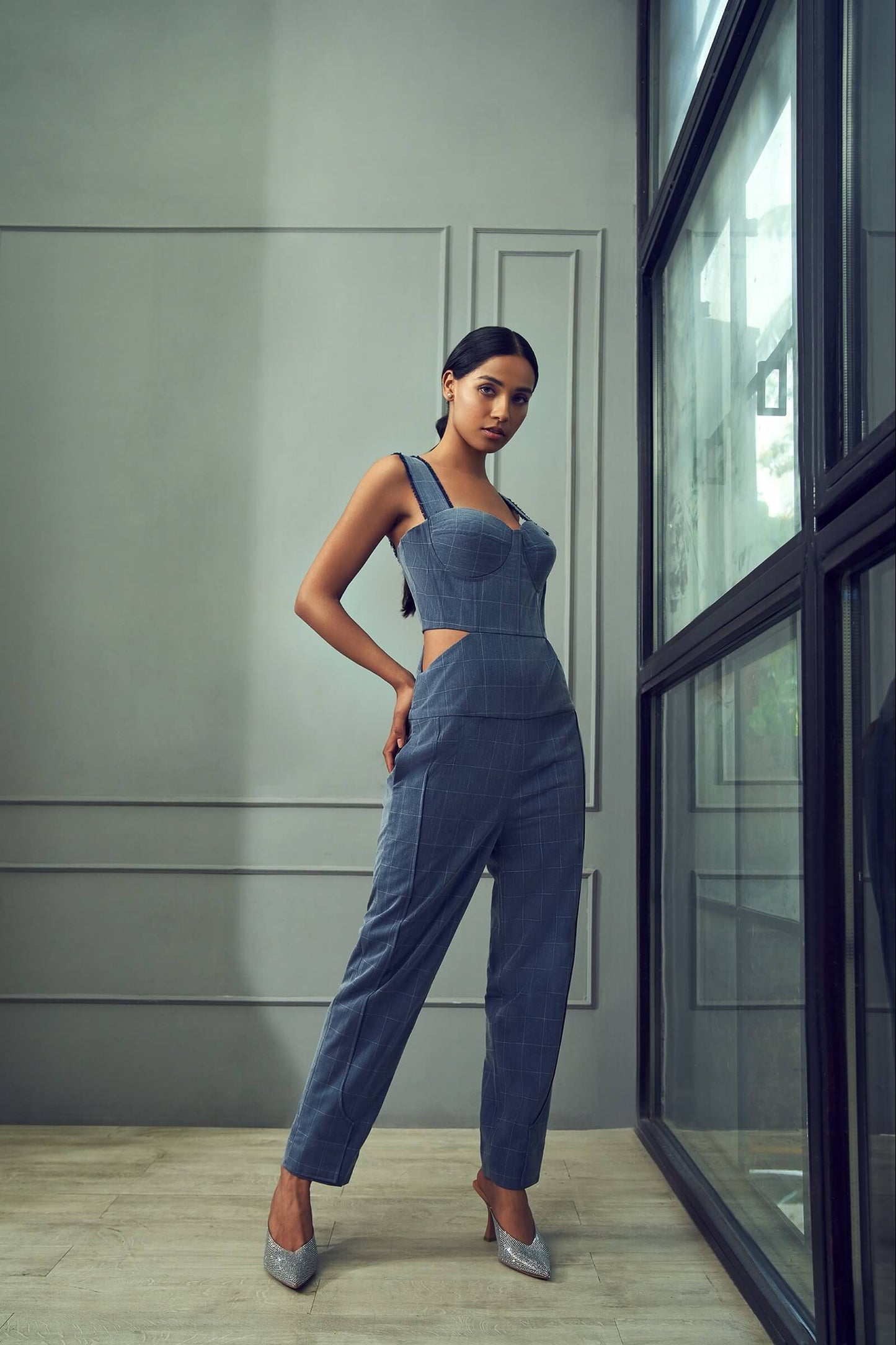 Denim Blue Plaid Jumpsuit With Cutouts