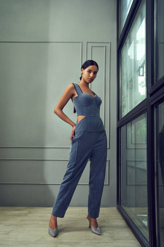 Denim Blue Plaid Jumpsuit With Cutouts