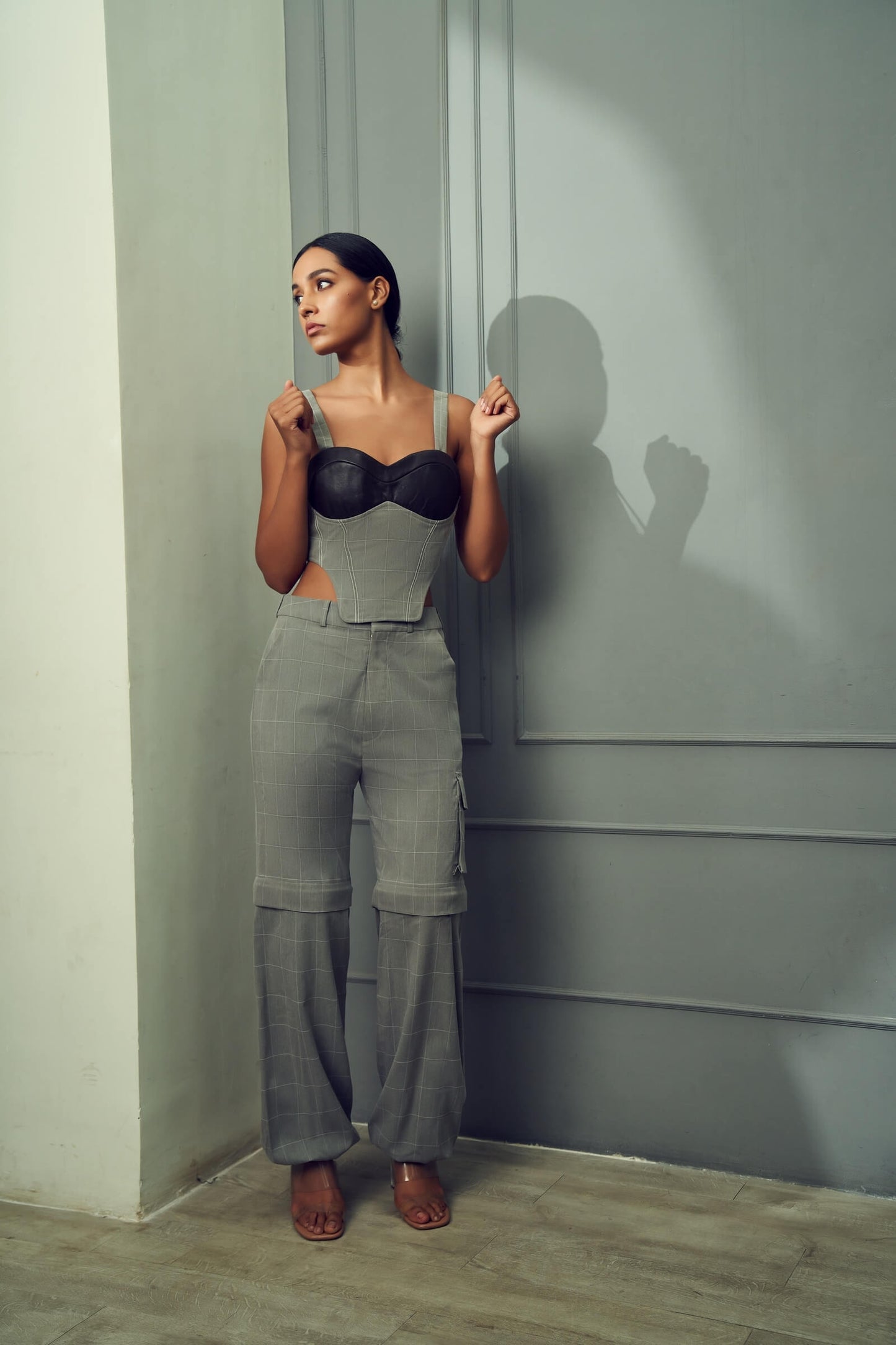 Grey Plaid Corset Top With Leather Detail