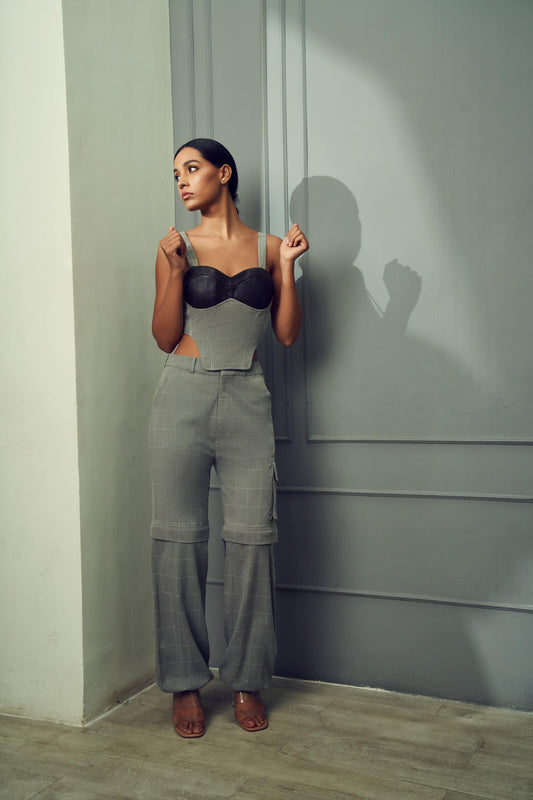 Grey Plaid Detachable Cargo Pants