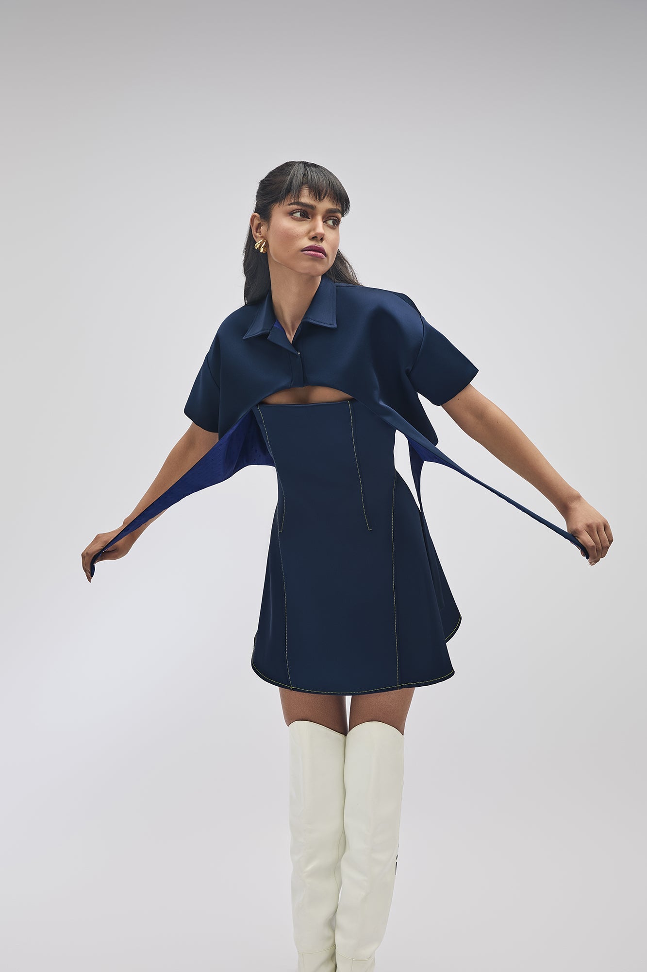 NAVY BLUE SKATER DRESS WITH CROP JACKET