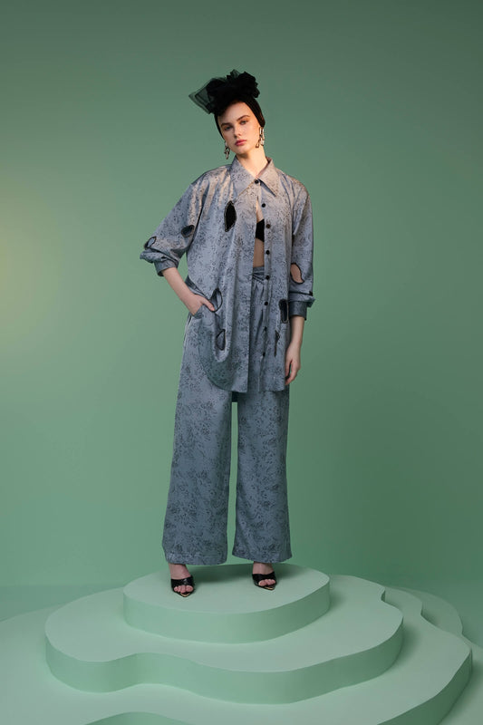 Egyptian Blue Satin Print Drawstring Trousers