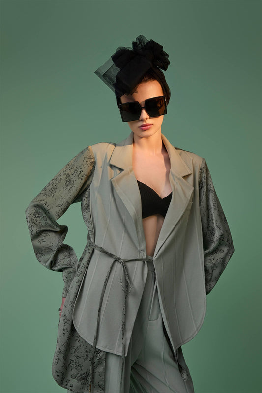 Sage Green Satin Double Lapel Long-sleeved Over Shirt