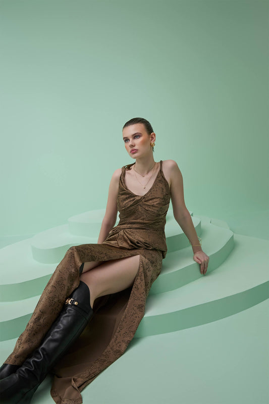Walnut Satin Print Maxi Skirt With Slit