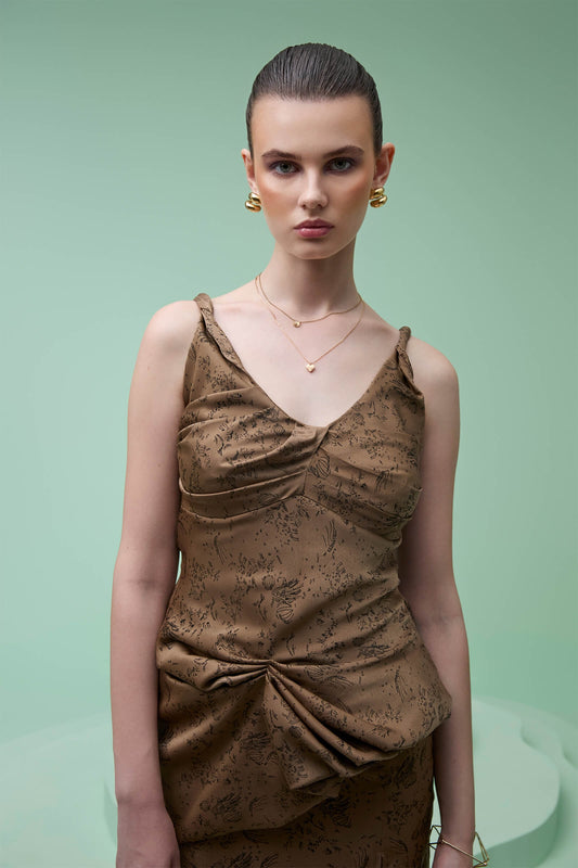 Walnut Satin Print Asymmetric Draped Top