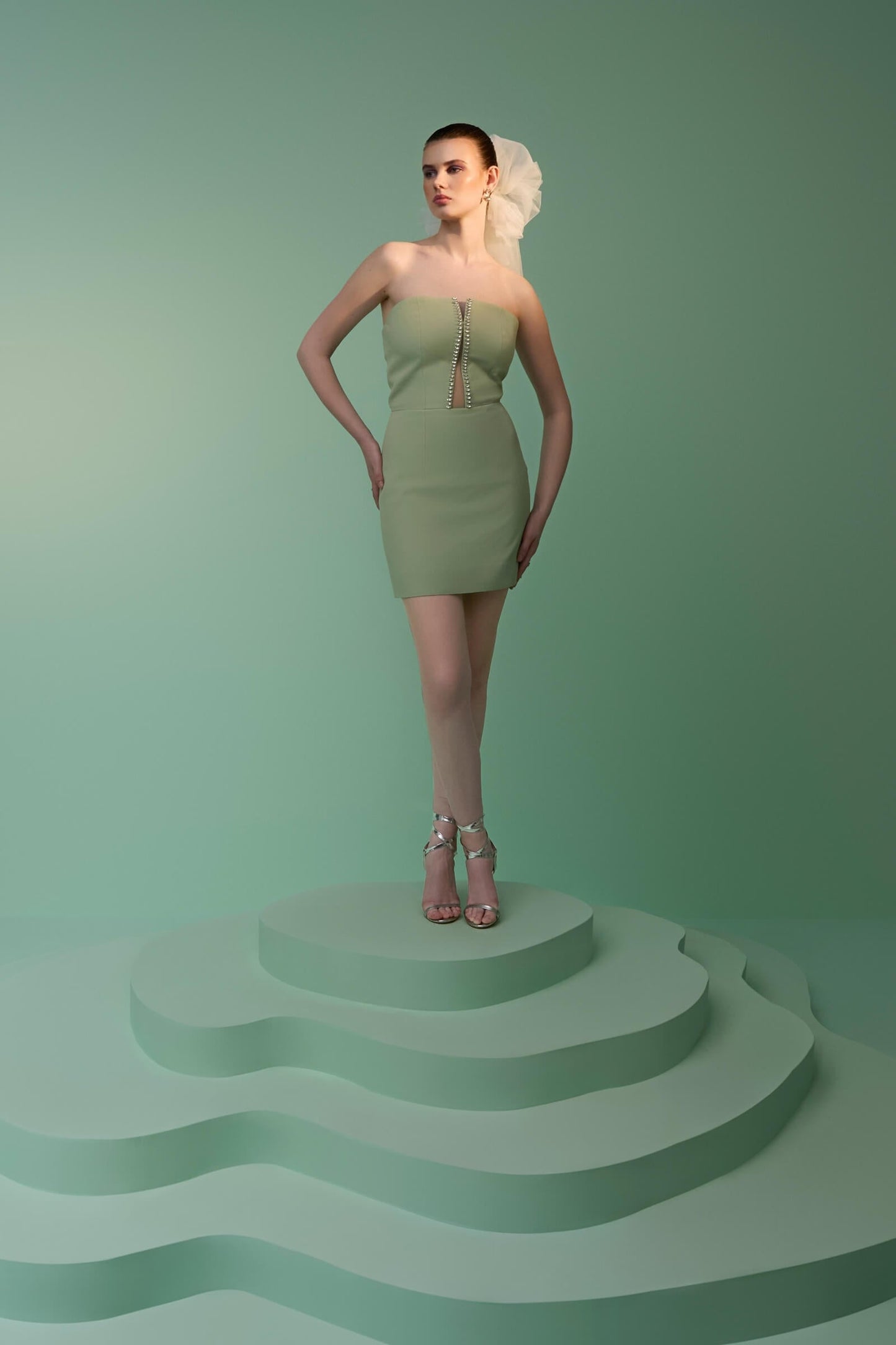 Tea Green Mini Offshoulder Mini Dress With Crystals