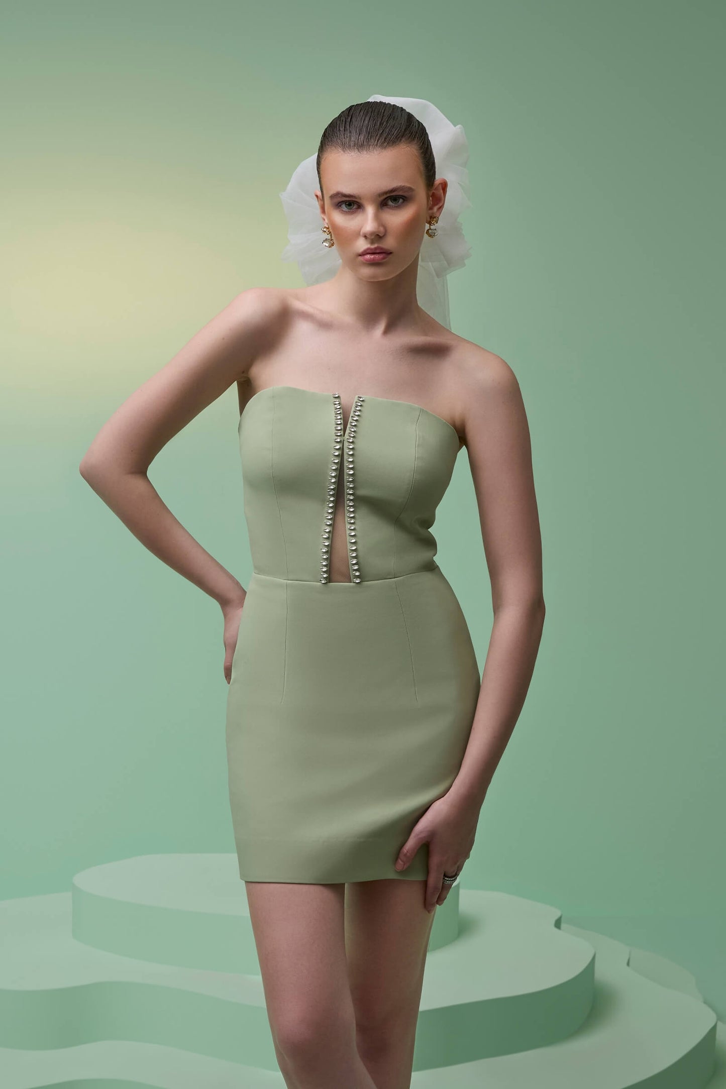 Tea Green Mini Offshoulder Mini Dress With Crystals