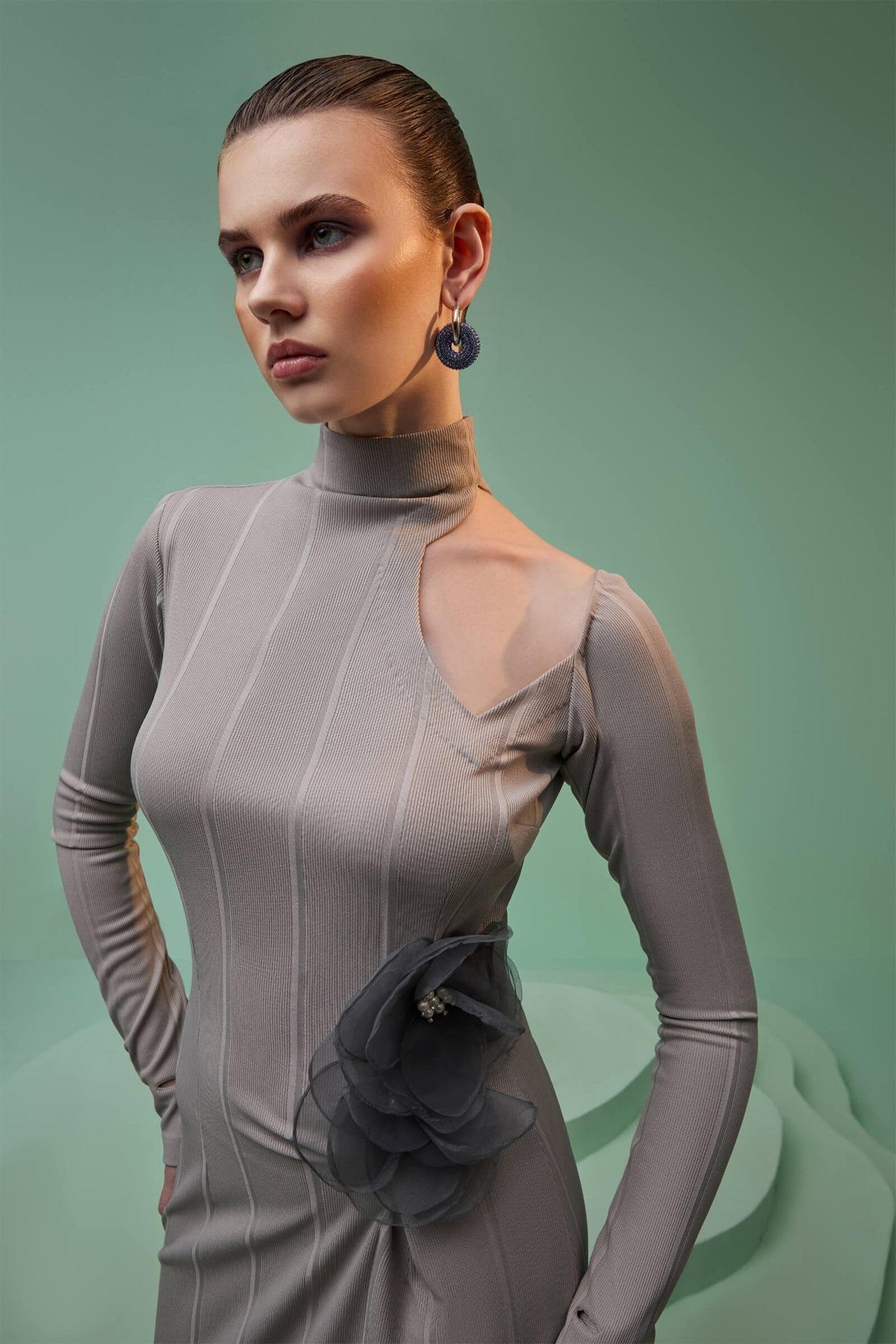 Grey Knit Midi Dress With Flower Detail