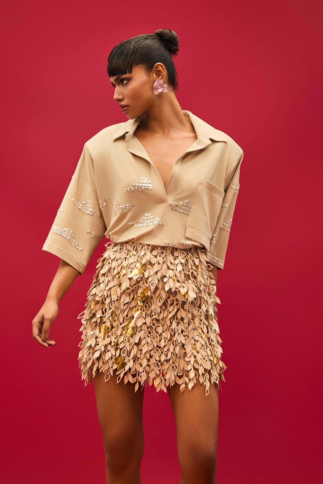 NUDE JERSEY OVERSIZED SHIRT WITH SEQUIN EMBELLISHENTS