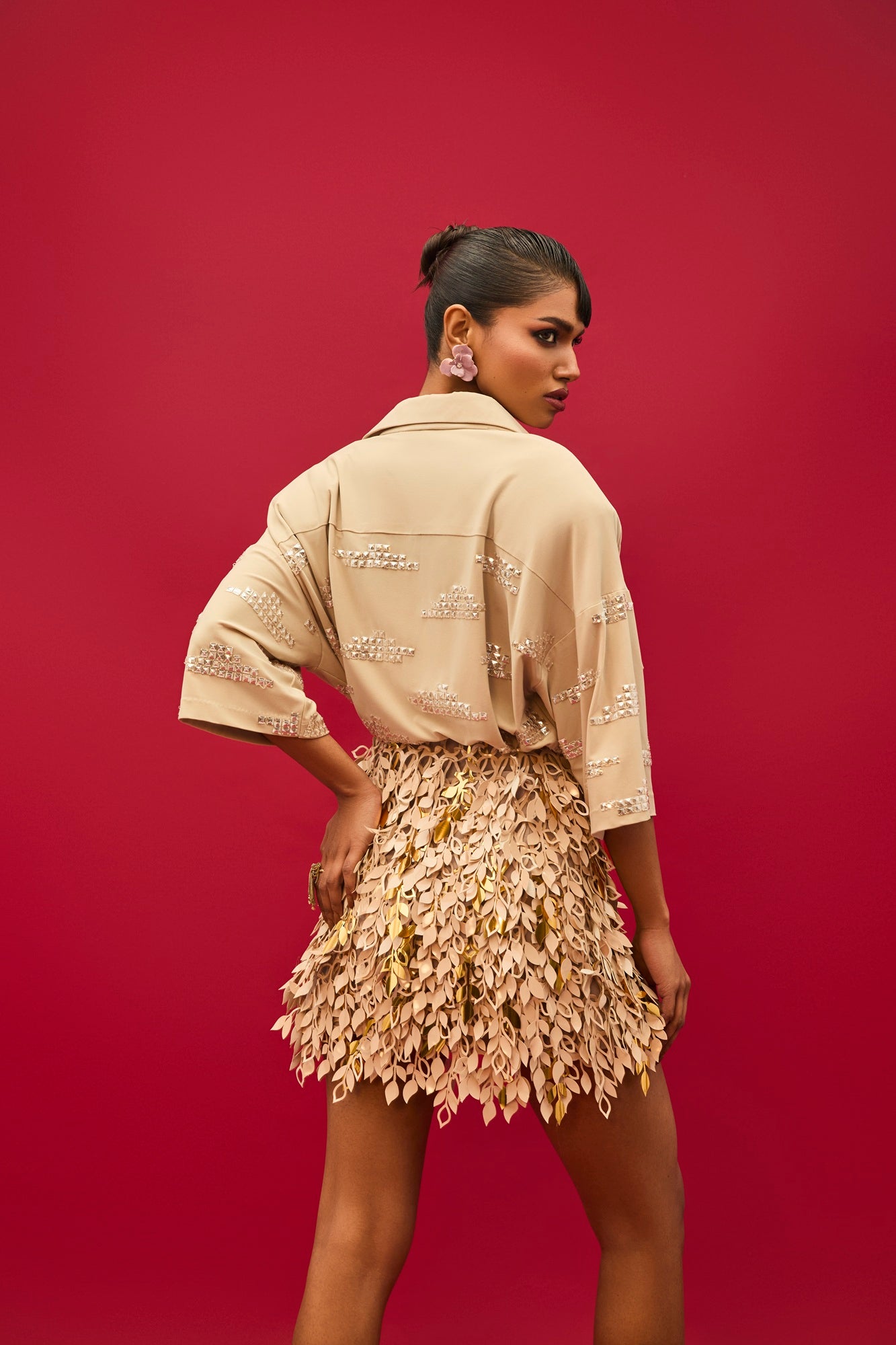 NUDE JERSEY OVERSIZED SHIRT WITH SEQUIN EMBELLISHENTS